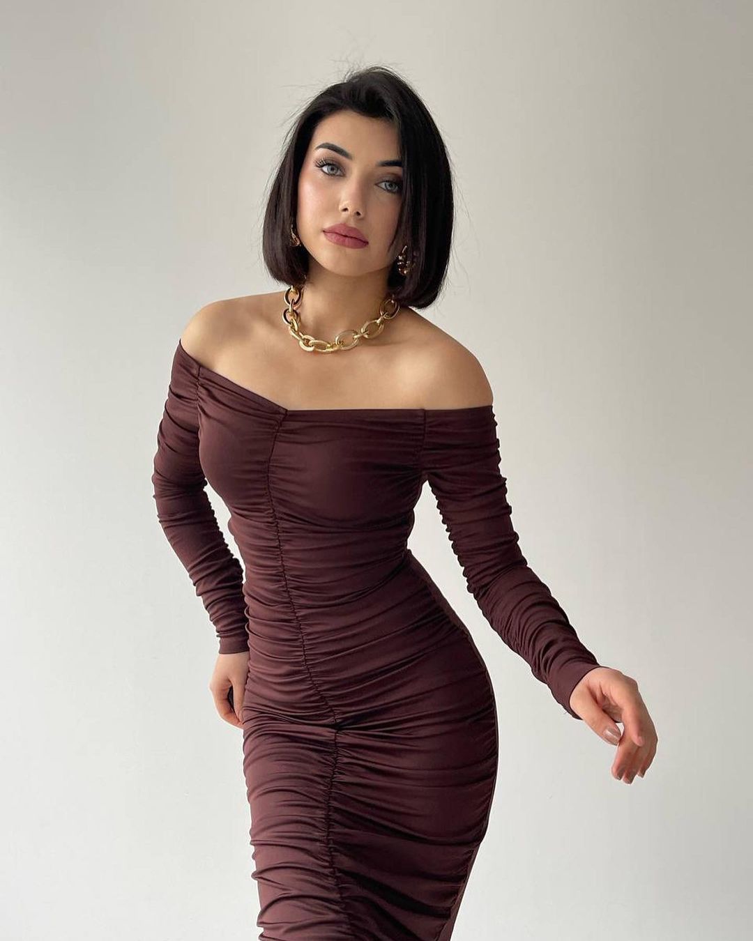 Robe moulante drapée - marron