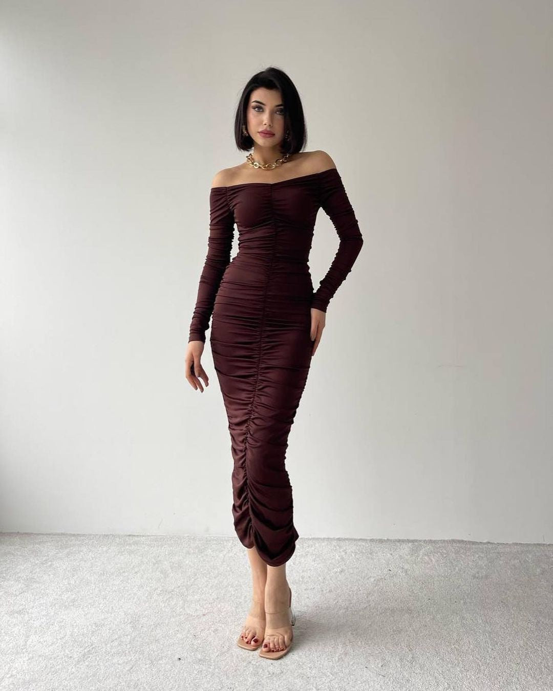 Robe moulante drapée - marron
